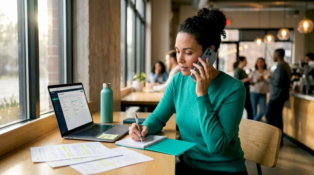 Sales rep multitasking follow-up calls and notes