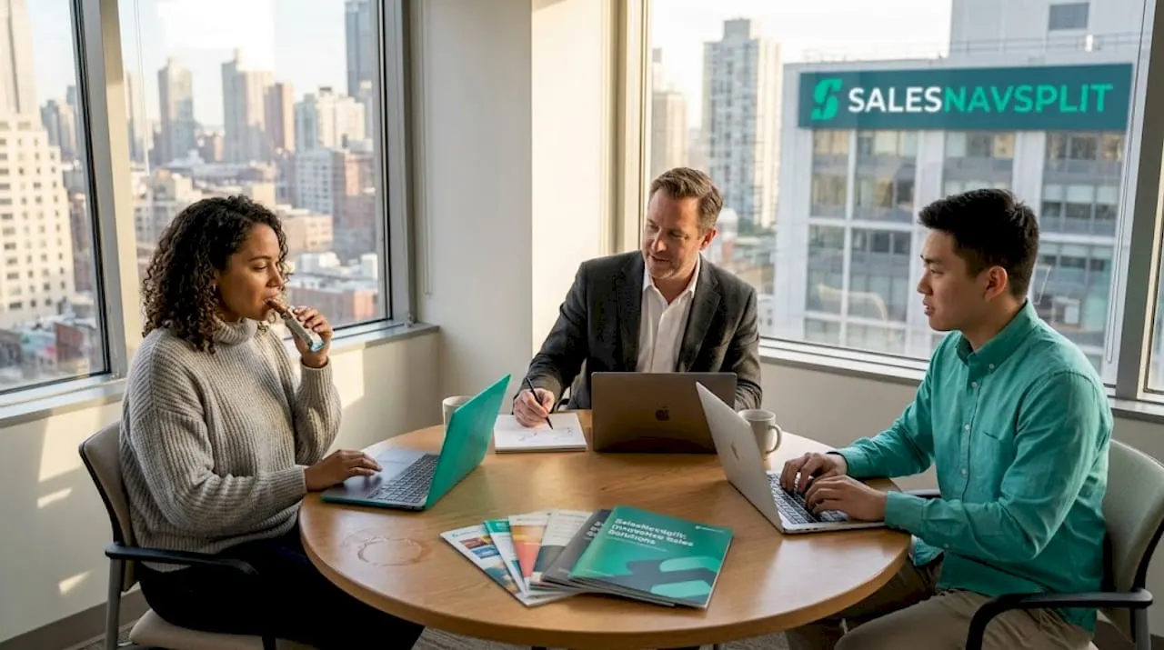 Sales team collaborating in city office meeting