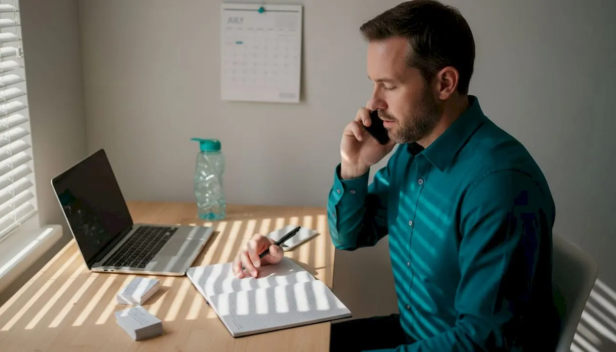 Sales rep making follow-up call in home office