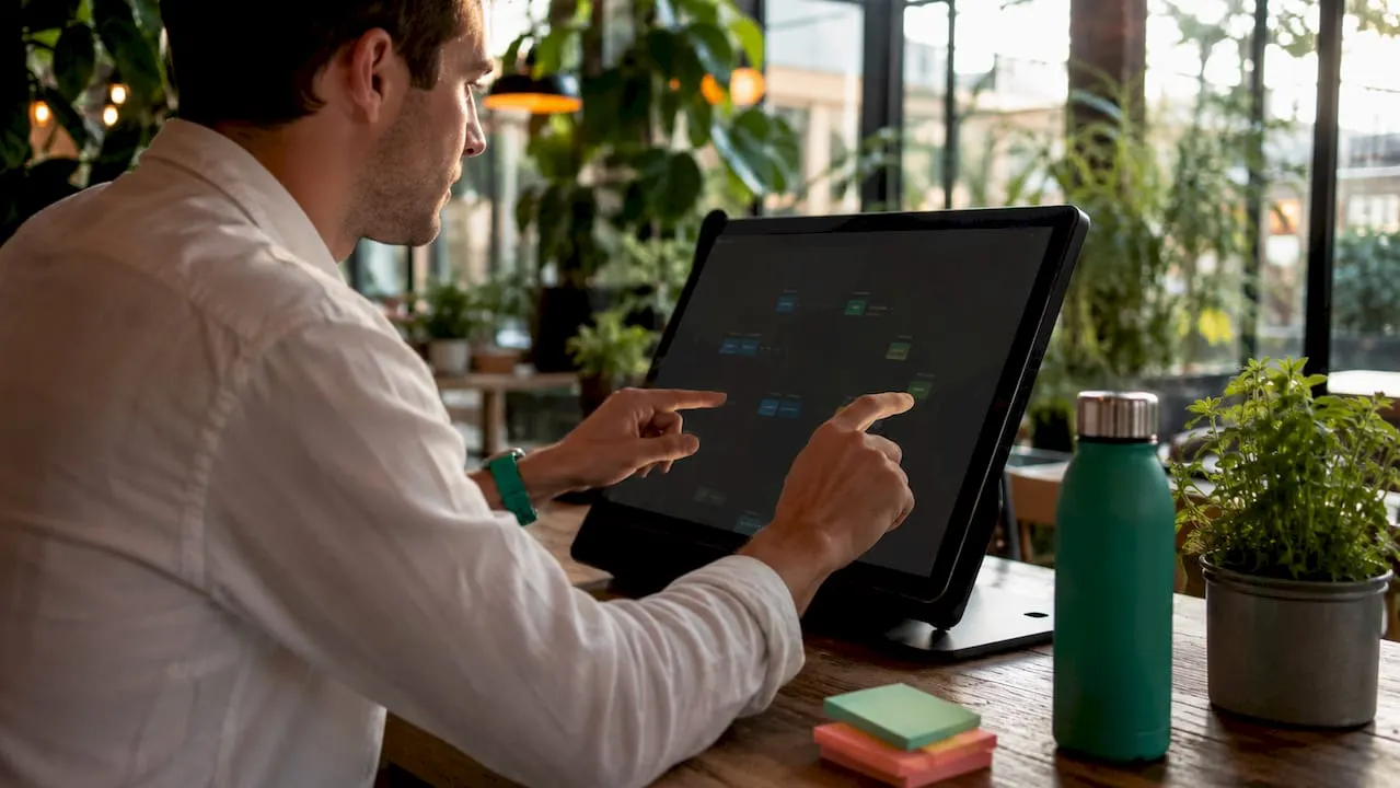 Hands managing customer interaction workflow on touchscreen