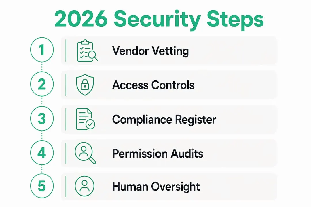 Infographic showing five key data security steps for sales tools in 2026