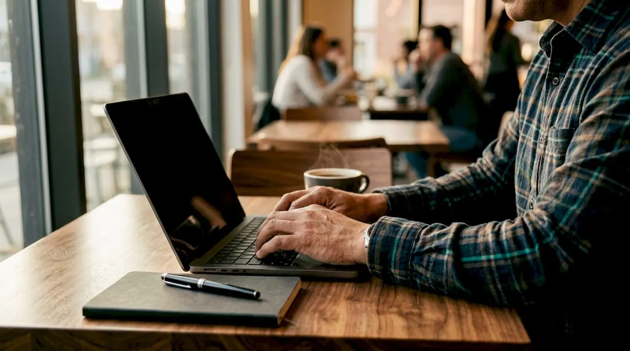 Hands typing sales automation data on laptop