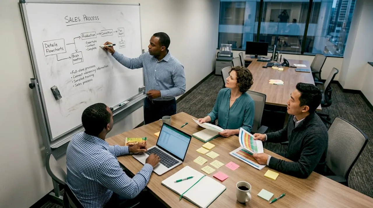 Team mapping sales process on whiteboard