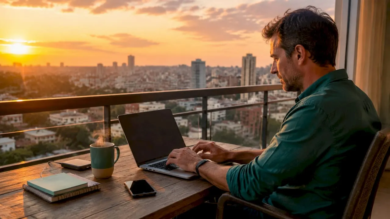 Hands typing on laptop keyboard in home office