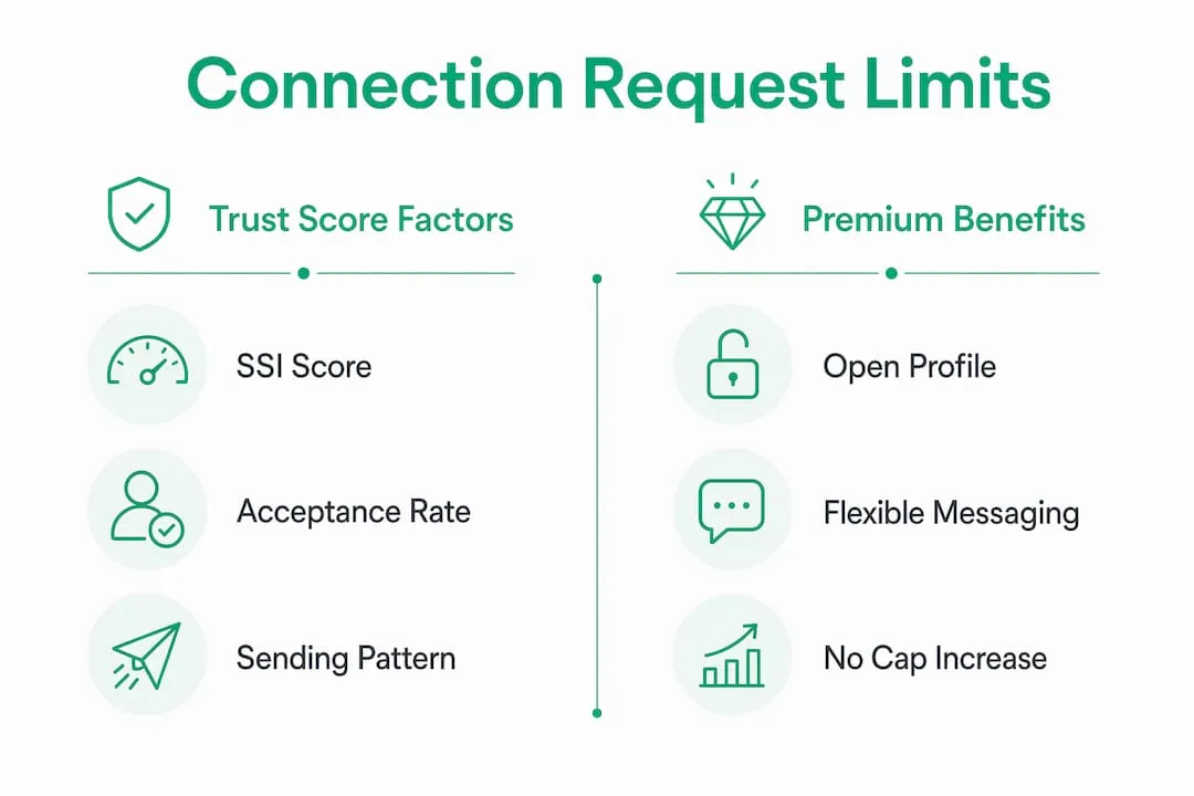 Infographic showing connection request limits factors and Premium benefits