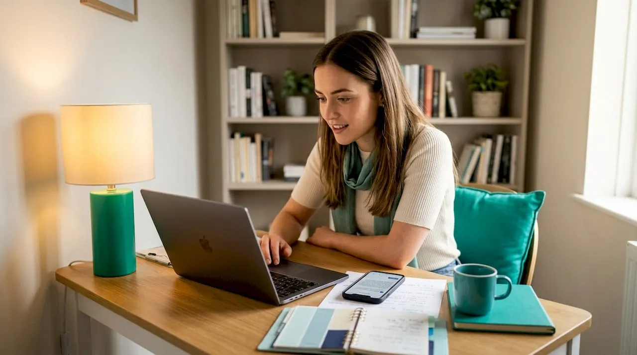 Marketer using AI tools for LinkedIn posts in kitchen