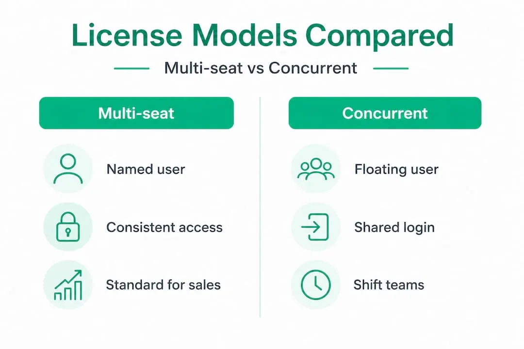 Infographic comparing multi-seat and concurrent licenses