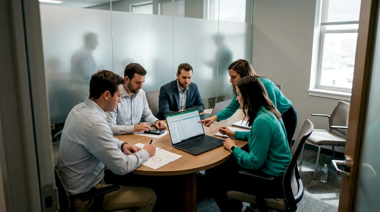 Small sales team reviewing spreadsheet in conference room