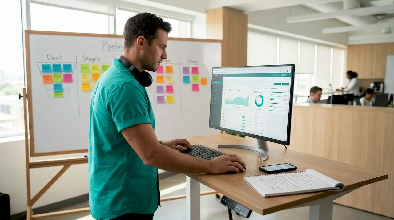 Sales rep uses CRM dashboard at standing desk