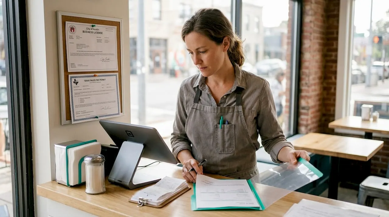 Restaurant owner sorting sales license documents