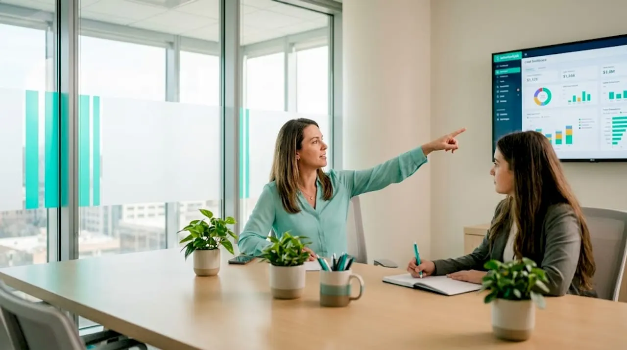 Sales manager coaching rep at shared workspace