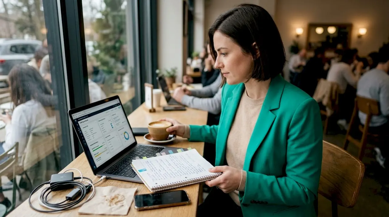 Sales rep checks prospecting data at café
