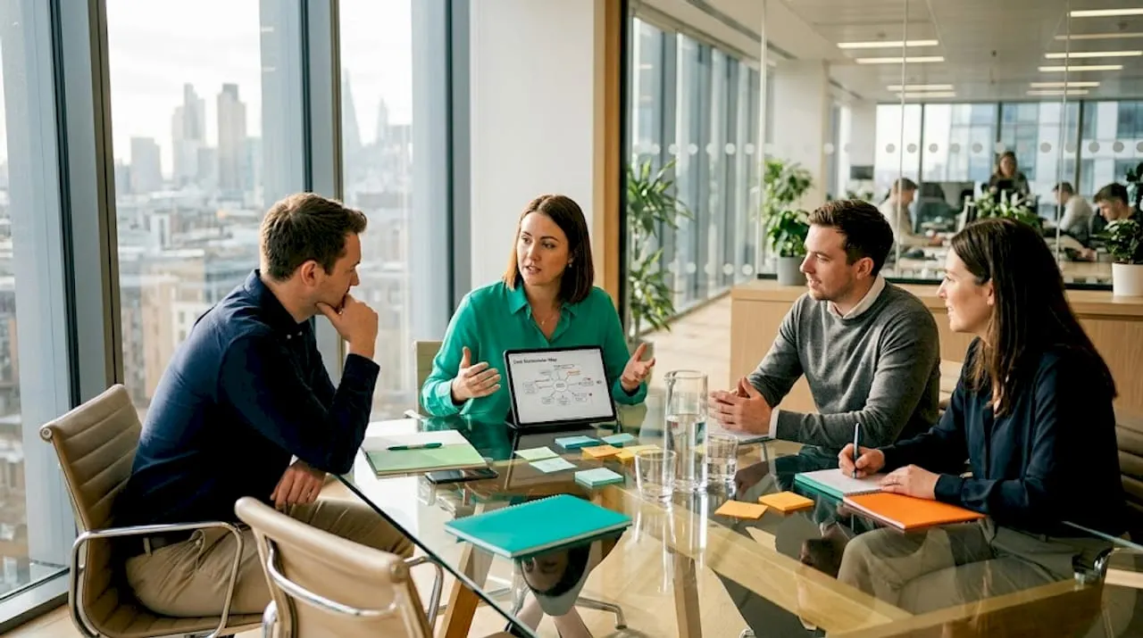 Manager engaging stakeholders in sales meeting