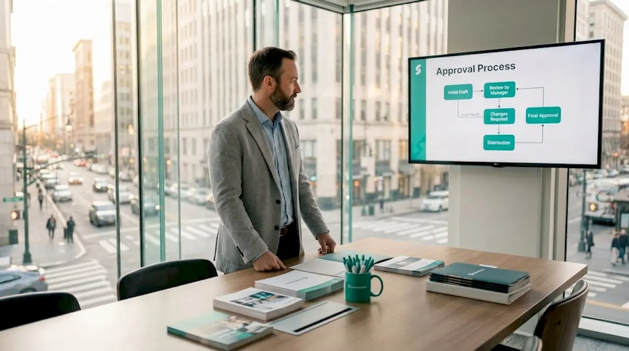 Manager presenting brand compliance approval process