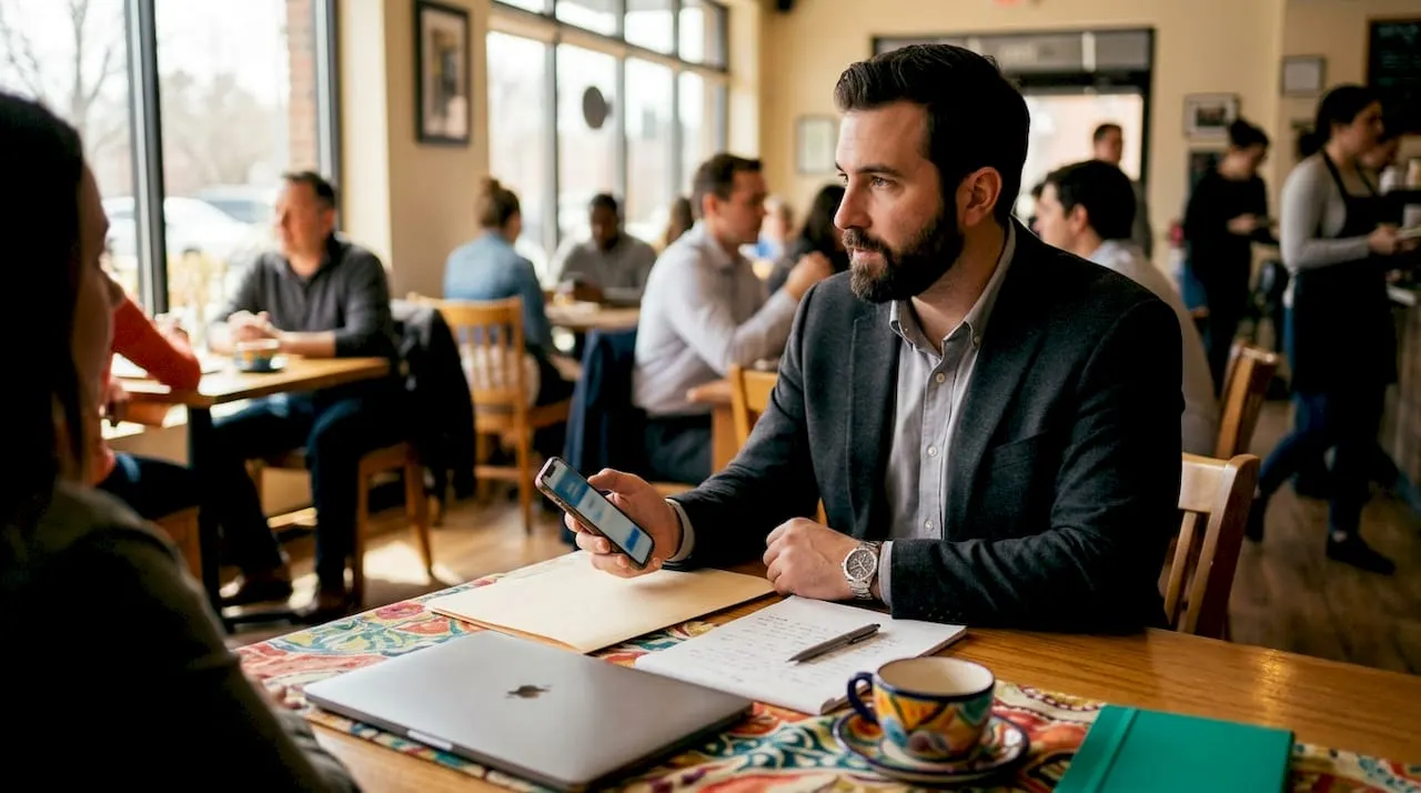 Hands holding phone near official contract on desk