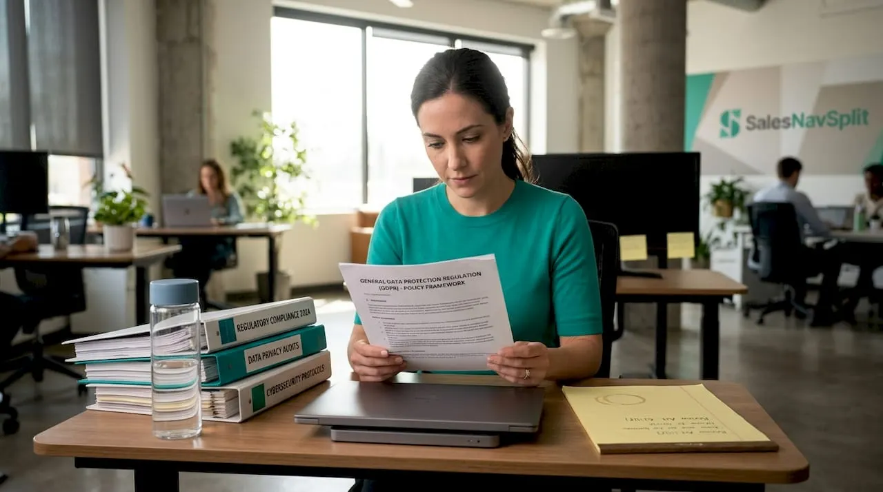 Compliance officer reading GDPR policy at desk