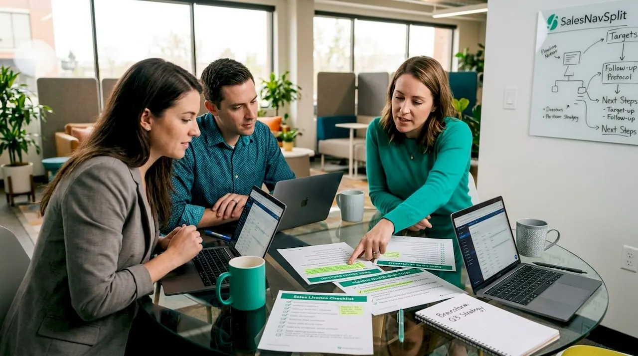 Sales team reviewing compliance documents together